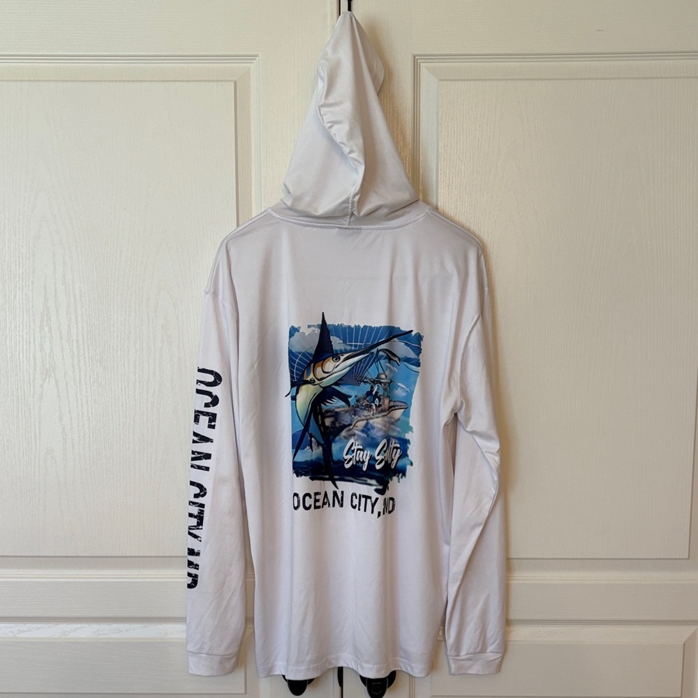 Ocean City White Long Sleeve Performance Fishing Hoodie
